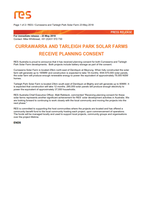 1St Page RES Media Release Currawarra And Tarleigh Park Solar Farm Planning Consent Final 23052018 001